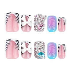 24PCS Short Press on Nails Duck Shaped 3D Fake Nails Cute Rhinestone Bow Designs Full Cover Design Nail Art Decoration Glossy Full Cover Acrylic False Nails Extra Stick on Nails