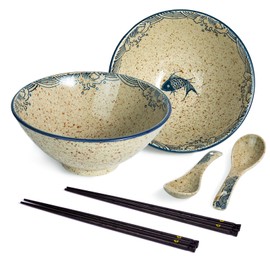 Niturceal Ceramic Ramen Bowl Set of 2, 40oz Japanese Noodle Bowls with Spoons & Chopsticks Porcelain Large Soup Bowl for Pho, Udon, Retro Style Tableware Microwave & Dishwasher Safe, Fish