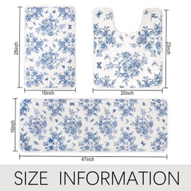 BBSET 3 Piece Blue Floral Chinoiserie Bath Mats for Bathroom Blue and White Flower Vintage Rug for Room Decor U Shaped Toilet Rug (Blue Floral, 16x28+16x47+U Shape 20x24 inch)