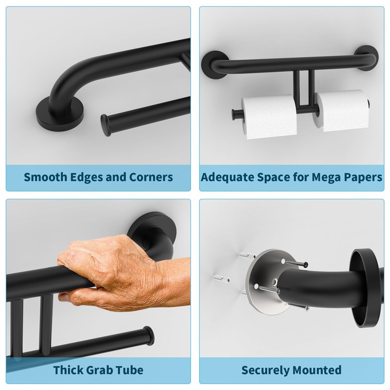 Grab Bar w/Double Toilet Paper Roll Holder Black, iHansee Stainless