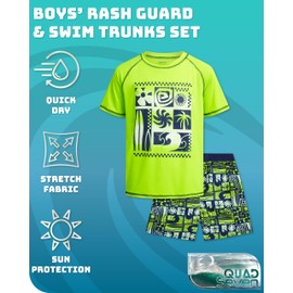 Quad Seven Boys Rash Guard Swimsuit Set – 4-Piece Kids Short Sleeve Bathing Suit Swimwear Sets (Sizes: 5-12), Size 12, Neon Dino/Neon Surf
