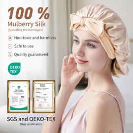 Silmana Silk Bonnet for Sleeping Women, 22 Momme Double-Layer Silk Hair Wrap for Sleeping, 100% Mulberry Silk, Double-Sided Wearable, for Nighttime Hair Care, Suitable for All Hair Types - Champagne