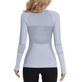 ATTRACO Women Athletic Running Base Layers Zip Up Long Sleeve Thermal Shirts Tight Fit Grey L