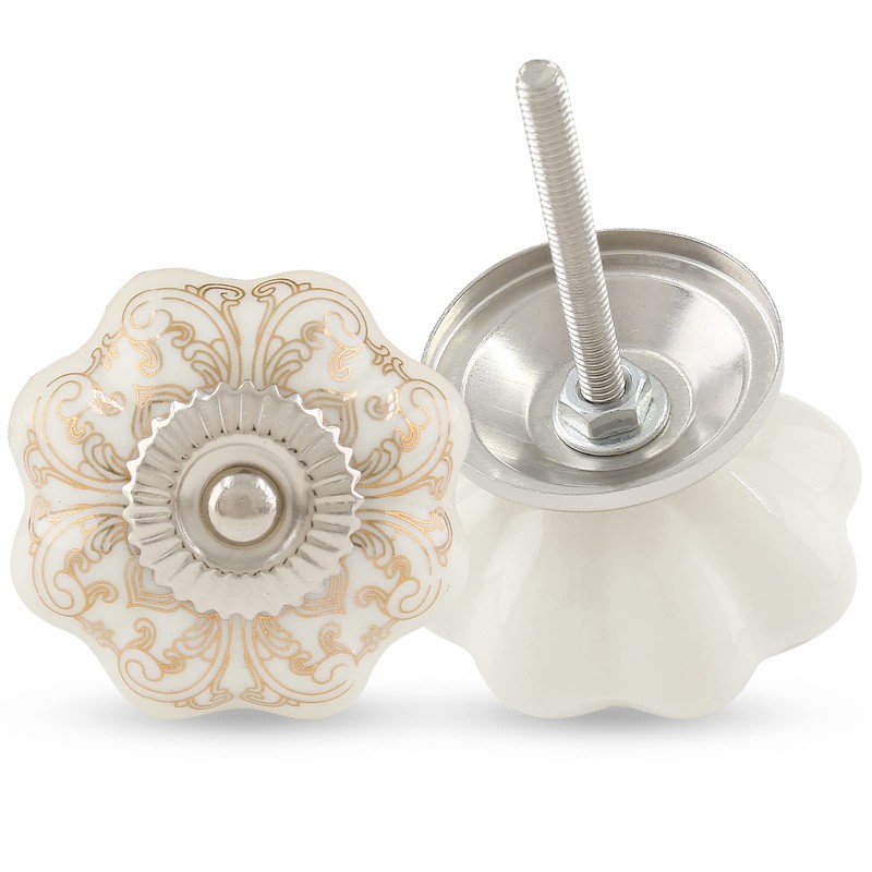 Piutouyar 6PCS Ceramic Cabinet Knobs,Gold and White Roll Hand Painted