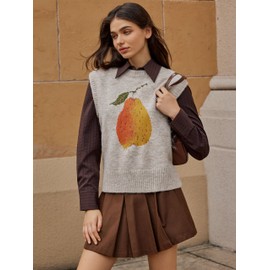 CIDER Women’s Sweater Vest Knit Sleeveless Pear Cute Graphic Sweater Vest Tank Top Fall Outfits Khaki