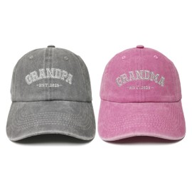 ZKFE Grandpa and Grandma Gifts, Embroidered Baseball Cap Est 2025, Gray & Pink Adjustable Cotton Denim Hats Set for Men Women