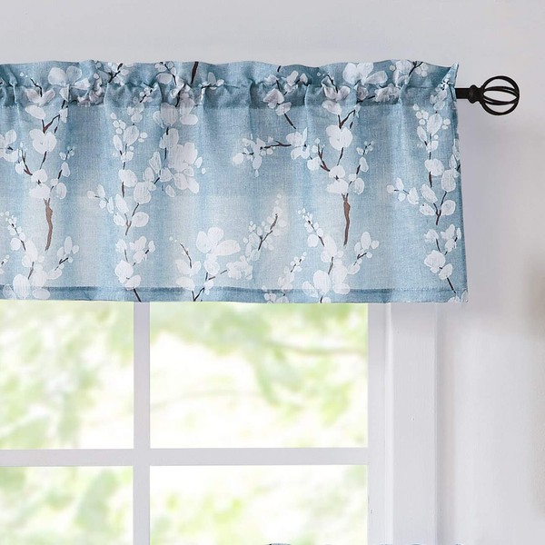 Window Valance Curtains Living Room Blue-White Blossom Print Country Style Canvas Floral Kitchen Valance for Small Bathroom Café Windows 54”W x 15” L 1 Panel Rod Pocket