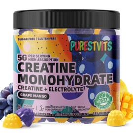 PURESTVITS Creatine Monohydrate Gummies (5g) – Pre-Workout Energy & Muscle Growth Support for Men & Women | Grape Mango Electrolyte Gummies (135 Count)