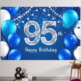 HAMIGAR 6x4ft Happy 95th Birthday Banner Backdrop - 95 Years Old Birthday Decorations Party Supplies for Women Men - Blue Silver