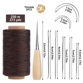 273 Yards Upholstery Repair Waxed Thread Kit, Leather Waxed Thread Sewing Kit Including Sewing Thread Needle Awl Thimble, Leather Sewing Kit for Leather Carpet Sofa Seat Shoe Sewing and Repair (Brown)