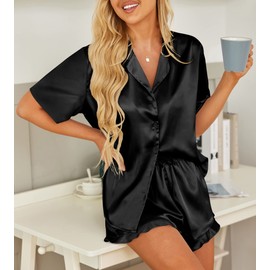 HOTOUCH Womens Silk Satin Pajamas Set Button Down Short Sleeve Sleepwear Set 2 Piece Ruffled Pjs Black, XXL