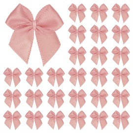 M METERXITY 50-Pack Mini Craft Ribbon Bow 1x1 Inch Checkered Fabric Satin Ribbon Bows Boutique for Craft DIY/Treat Bags/Hair Bow Sewing/Wedding/Birthday/Party/Christmas [Gray Pink]