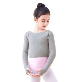 Daydance Knit Girls Dance Sweater Pullover Cropped Long Sleeve Boat Neck Ballet Shrug for Leotards with Thumb Holes Gray