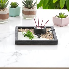 MIJOMA Zen Garden Set - Miniature Table Garden with Incense Stick Holder & Rake - 7-Piece Cement Meditation Set - Japanese Mini Sand Garden 20 x 20 cm for Mindfulness & Decoration