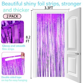 2 Pack 3.3x8.2 Feet Purple Foil Fringe Curtains and 30Pcs Balloons, Photo Booth Tinsel Backdrop, Fringe Backdrop Party Streamers, Door Streamers for Girl Princess Birthday Streamers Party Decorations