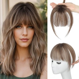 Flyroseing 360° Cover Clip in Fringe Human Hair Fringe, Ombre Brown Fringe Clip in Hair Fringe Clip Hairpieces,100% Human Hair Hairpiece for Women Clip in Bangs for Daily Wear