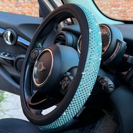 PINCTROT Bling Bling Comfy Steering Wheel Cover with Jumbo Crystal Rhinestones, Anti-Slip Diamond Leather, Universal 14.5-15 Inch (Sky Blue)