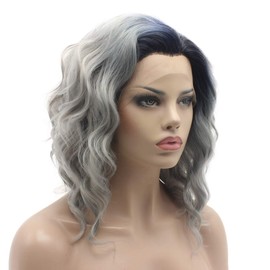 Lace Front Synthetic Wig Medium Length Wavy 14inch Dark Root Grey Ombre Wig Stylish Wig