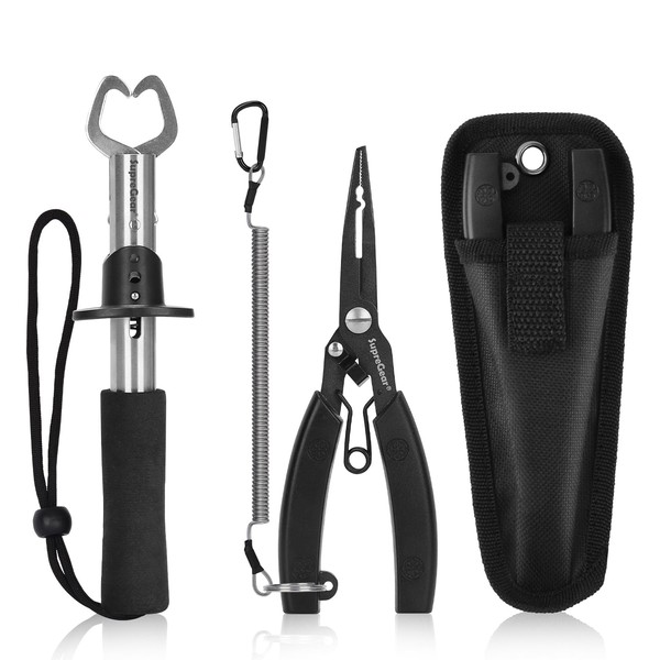supregear Fishing Pliers Set, Stainless Steel Fishing Hook Remover, Multifunctional Fishing Line Cutter with Sheath and Rolled Lanyard, Fishing Tool, Black