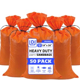 DURASACK Heavy Duty Sand Bags with Tie Strings Empty Woven Polypropylene Sand-Bags for Flood Control with 1600 Hours of UV Protection, 50 lbs Capacity, 14x26 inches, Orange, Pack of 50