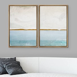 SIGNWIN Framed Canvas Print Wall Art Set Gold Blue Ocean Sea Beach Landscape Nature Wilderness Illustrations Modern Art Decorative Rustic for Living Room, Bedroom, Office - 16"x24"x2 Natural