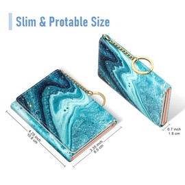 Rouidr Womens Wallet, Small Slim RFID Card Wallets for Women, Trifold Leather Clutch Card Wallet Organizer, Cute Front Pocket Purse with 7 Card Slots & ID Window & Keychain （Cyan Marble）
