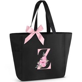 Vavabox Tote Bag, A-Z Initial Monogrammed Waterproof Tote Bag, Bridesmaid Gifts for Women, Black and Pink (Z, Black)