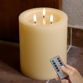 AFINETH 6"x8" Large Flameless Candles with Remote, Real Wax Big Battery Operated Candles with 3 Wicks, Flickering LED Pillar Candle for Tables, Mantle, Home, Wedding, Party Decor