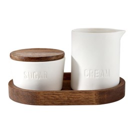 Santa Barbara Design Studio Ceramic Sugar and Creamer Set Sugar Bowl with Lid Cream Pitcher and Tray, 3-Piece, White/Acacia Wood