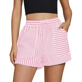 luvamia Drawstring Shorts Women Loose Vacation Outfits for Women 2024 2025 Loose Shorts for Women Summer Loose Shorts for Women High Waist Pink Boxer Shorts Pink Stripe Size Large