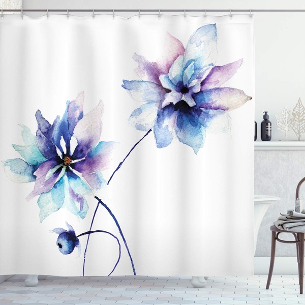 Ambesonne Watercolor Flower Shower Curtain, Flower Drawing with Soft Spring Colors Retro Style Floral Artwork, Cloth Fabric Bathroom Decor Set with Hooks, 75" Long, White Purple