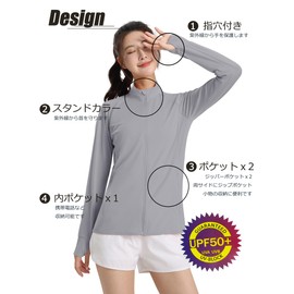 TACVASEN Women's T-shirt, Sunscreen, Sports Top, UV Protection, UPF 50+, Quick Drying, Sweatshirt, Zip-up, Stand Collar, Solid Color, Includes Finger Holes, Spring, Summer, Autumn, gray (light gray)