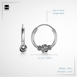 Amberta Women 925 Sterling Silver Bali Hoop Earrings: Love-Knot 15 mm