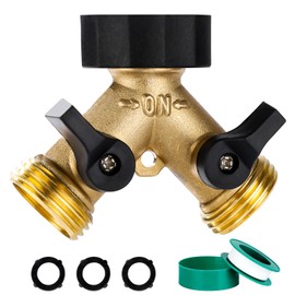 Dalmbox Garden Hose Splitter 2 Way, Y Connector Brass Garden Hose Adapter, Water Hose Splitter, Double Shut Off Valve, Includes 3 Rubber Washers & Teflon Tape(1 pack)