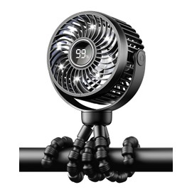 Bearwind Mini Portable Stroller Fan for Travel,360° Rotation,4-Speed LED Night Light Clip on Fans Operated by Rechargeable Battery, Cordless Fan with Tripod Car Seat Baby Pram (Black)