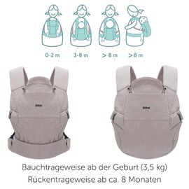 Fillikid Babytrage Natural - Kindertrage aus Baumwolle und Brennesselfaser Stoff, multifunktionale Tragehilfe ab 3,5 kg - Bauchtrage und Rückentrage - Grau