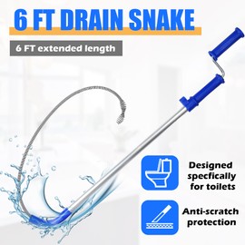 Threlaco 6 FT Drain Snake for Toilets Drain Auger Toilet Snake Auger Silicone Protection to Prevent Damage Toilet Auger Clog Remover Tool Plumbing Snake for Heavy Toilet Blockages
