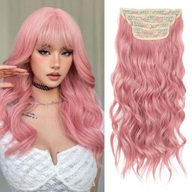 Gx Beauty Clip In Hair Extensions for Women, 20 Inch Long Wavy Curly Pink Hair Extensions, 4 Pcs Thick Double Weft Wavy Natural & Soft Hairpieces(4PCS, Pink)