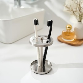 Brushed 18/8 Stainless-Steel Toothbrush Holder Stand: Rustproof Bathroom Countertop Organizer, 4 Ventilated Slots Hold Manual Toothbrushes, Razor