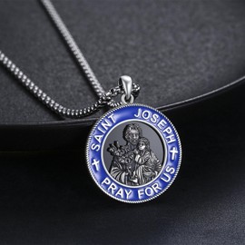 TwoAnts St Joseph Medal Necklace 925 Sterling Silver Saint Joseph Pendant Necklace Medallion Protection Necklace Catholic Jewelry Gift for Women Men