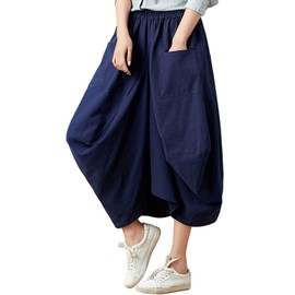 GGUHHU Womens Loose Fit Elastic Waist 2 Pockets Cotton Baggy Lantern Skirt (Free Size, Navy)