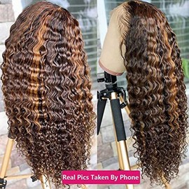 Unipearl Deep Curly Real Hair Wig 13 x 4 HD Lace Front Wig Human Hair 45 cm (18 Inches), #4/27 Ombre Blonde Brown Water Wave Glueless Wig 100% Brazilian Real Hair Wigs for Women 150% Density