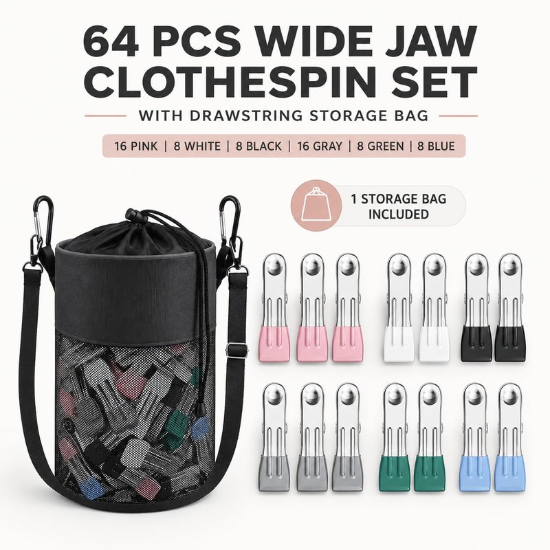 1PCS Peg Bag for Washing Line with Strap 64PCS Stainless