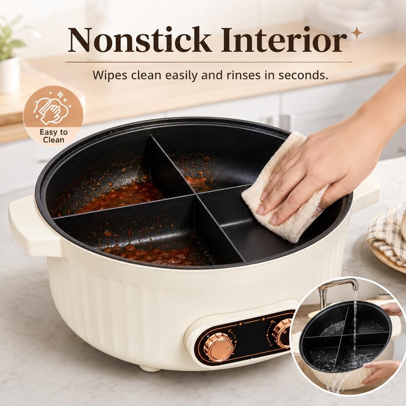 4-Compartment Hot Pot, 6L Large Stew Pot with Divider, Dual