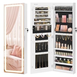 SONGMICS SONGMICS LED Mirror Jewelry Cabinet Armoire, Wall or Door Mounted Jewelry Storage Organizer, Hanging Lockable Frameless Mirror Cabinet with 2 Plastic Cosmetic Organizers, Gift Idea, White UJJC011W01
