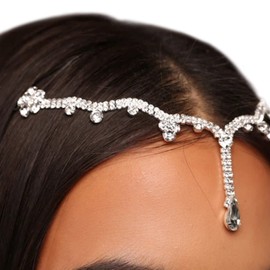 Bohemian Full Rhinestone Head Chain Clip Bridal Headband Chain Wedding Crystal Forehead Headband Hair Accessories for Women (Silver 5)