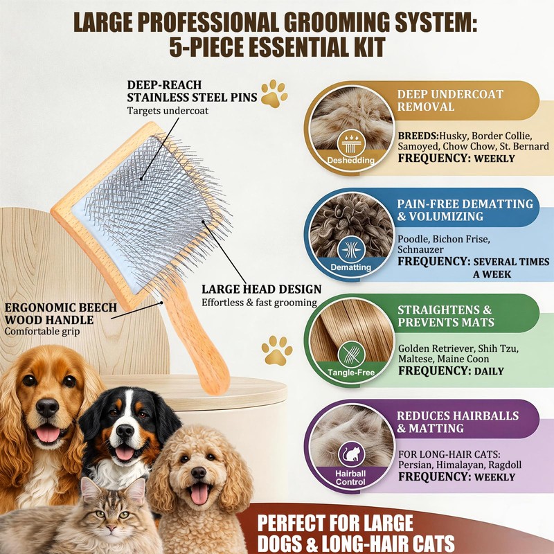 YOYUPETA 5-Piece Dog Grooming Kit, Large Long Pin Dog Slicker
