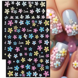 2 Sheets 5D Flower Nail Stickers for Nail Art Summer Embossed Floral Nail Decals Colorful Daisy Flowers Nail Art Stickers Self-Adhesive Cute Flower Nail Supplies for Women Summer Nails Designs