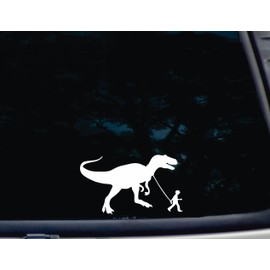 T-Rex Out for a Walk with Boy - 6 1/2" x 3 3/4" die Cut Vinyl Decal/Bumper Sticker for Windows, Cars, JDM, Trucks, Bumpers, Tool Boxes, Boats, laptops - virtually Any Hard, Smooth Surface.