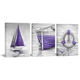 LevvArts Grey and Purple Bathroom Wall Art Fishing Boat Painting Canvas Prints Modern Nautical Pictures Artwork for Bedroom (Purple)